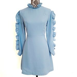 YOUNG 17 Ruffle Neck & Ruffle Long Sleeve Princess Seam Crepe Dress L NWT